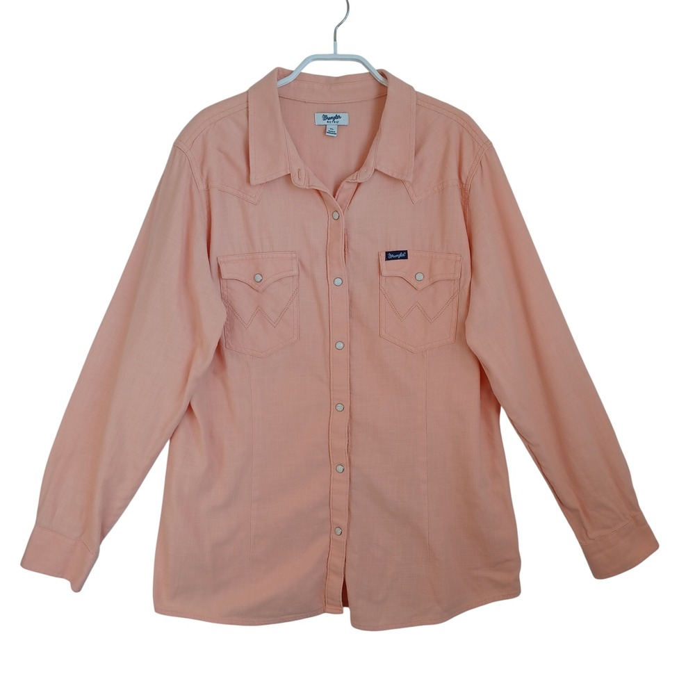 Wrangler Retro Womens XL Peach Coral Western Pearl Snap Long Sleeve Cotton Shirt